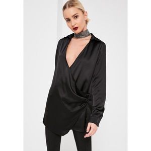 Black wrap satin blouse